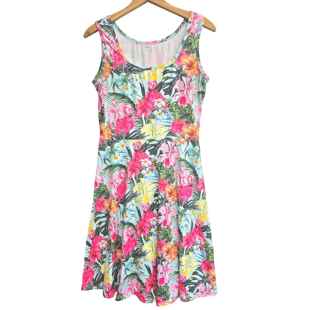 Tropical Flamingo Hibiscus Print Retro Dress Blue Pink Floral Sleeveless M Soft